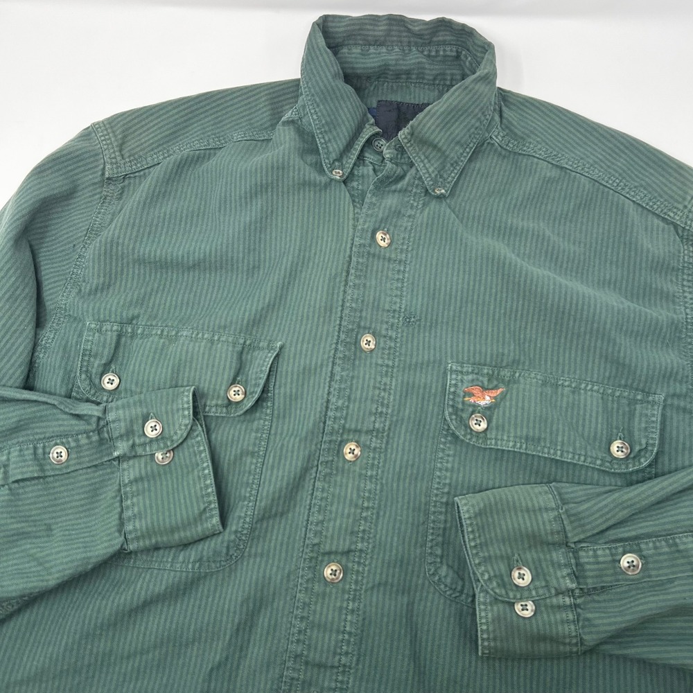 Willis & Geiger Men Green Striped Safari Shirt Medium Vintage Elbow Patch *READ*